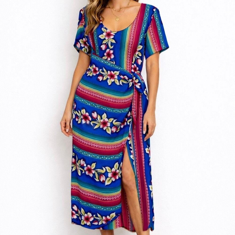 Vintage Boho Floral Maxi‎ Dress Scoop Neck Tie Waist Festival Retro